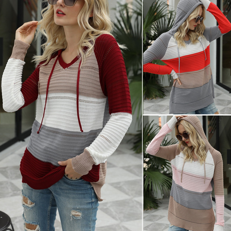 

women's long sve loose cut out contrast knitted sweater hooded sweater in autumn and winter 2021, White;black