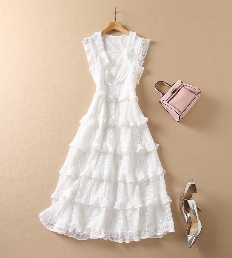 

Casual Dresses High Quality Lace Dress 2022 Spring Summer Clothing Women Cascading Ruffle Floral Deco Mid-Calf Length Party Elegant White, Black