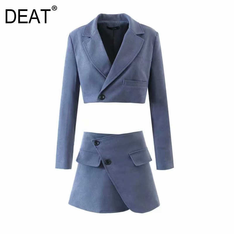 

[DEAT] Spring Autumn Fashion Simplicity Turn-down Collar Long Sleeve Blazer Coat Oblique Buckle Skirt Suit 13U971 210527, Blue skirt