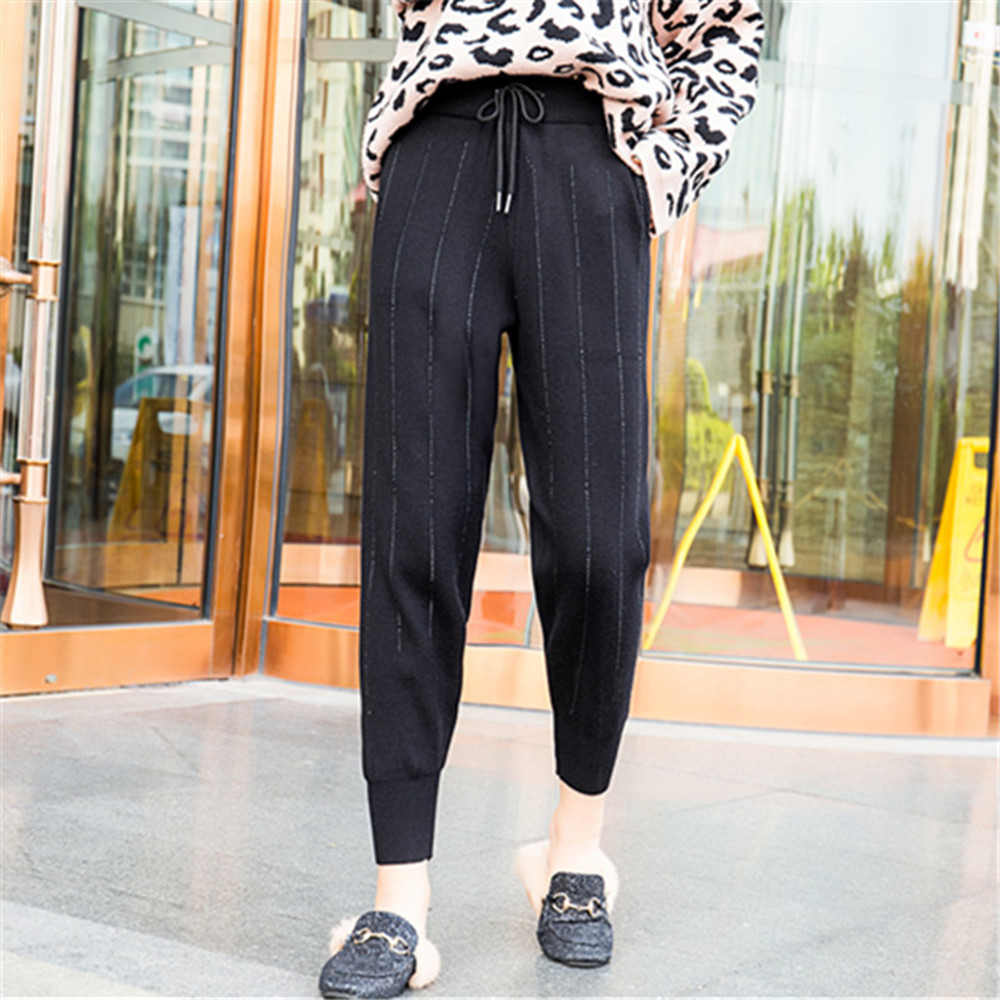 

Autumn Winter Women Thick Knitting Pants High Waist Vintage Elegant Thin Casual Woolen 210520, Photo color