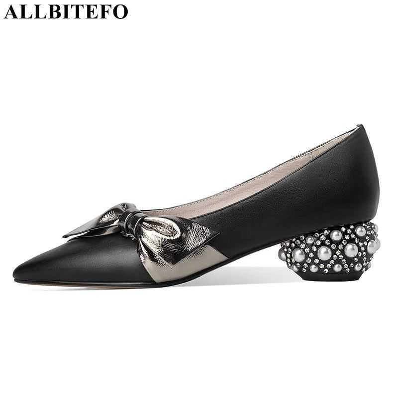 

ALLBITEFO heel full genuine leather thick heels wedding women shoes bowtie women high heel shoes party women heels 210611, As picture