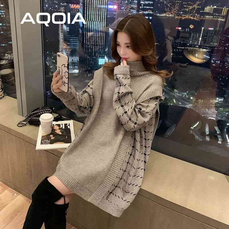 

Winter Korean Style Turtleneck Long Knit Women's Sweaters Fake Two Loose Women Sweater Fashion Warm Female Pullovers 210521, Gray