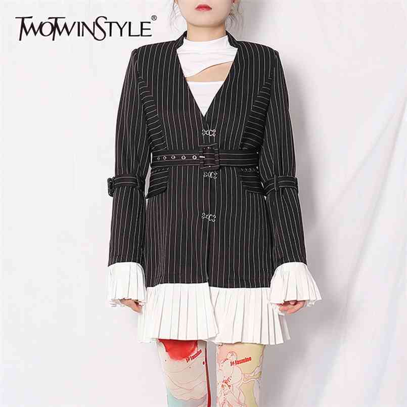 

Temperament Striped Blazer For Women Notched Long Sleeve Sashes Patchwork Pleated Casual Blazers Female Fashion 210524, Black