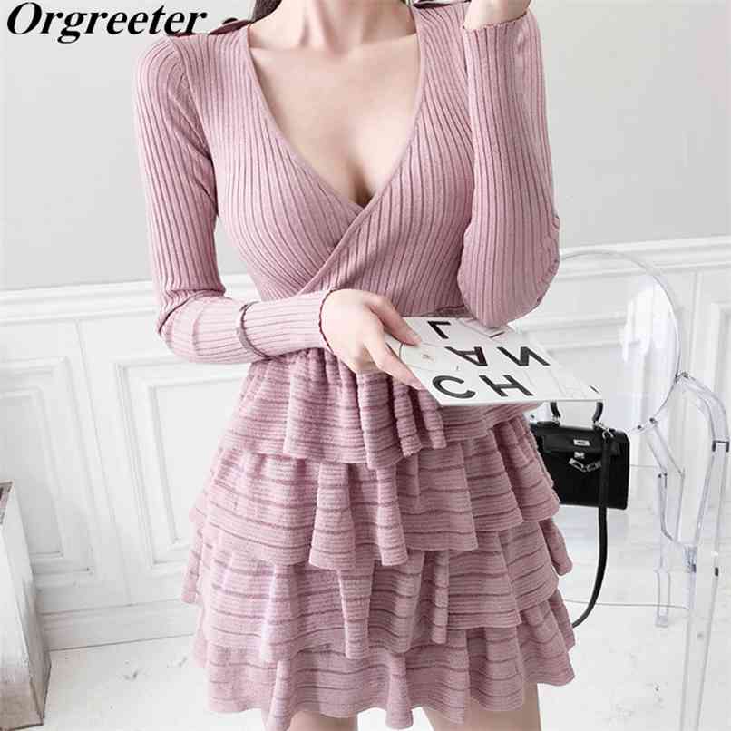 

High Quality Knitted Multi-layered Ruffle Cake Dress Women Sexy V-neck Long Sleeve Button Shinny Striped Mini Sweater 210602, Pink
