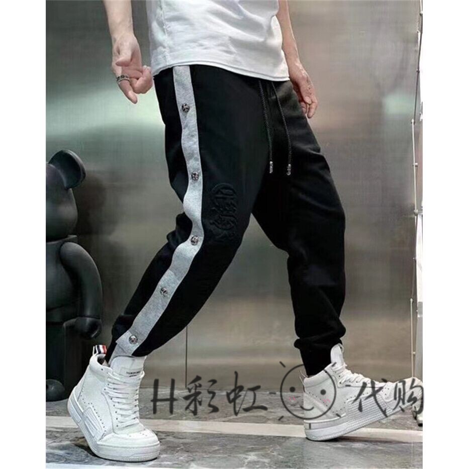 

Brand Chrome Chao Hearts Sanskrit Embossed Metal Button Casual Pants Leggings, Black
