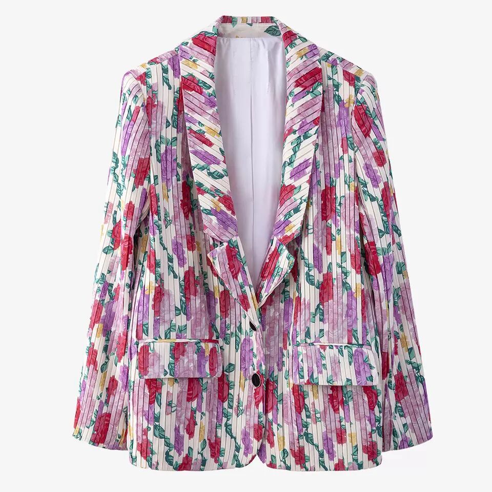 

HIGH STREET est Designer Jacket Women's Stylish Loose Floral Print Pleated Blazer 210521, Fuchsia