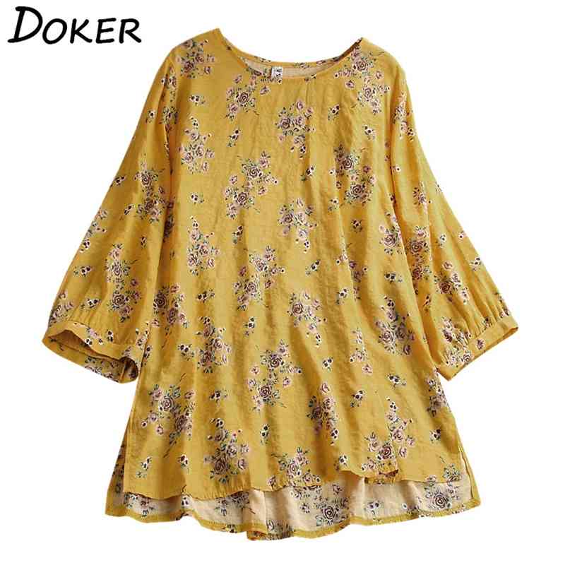 

Design Plus Size Floral Print Blouse Women O-neck 3/4 Sleeve Loose Casual Shirt Womens Tops And Blouses 210603, Yellow
