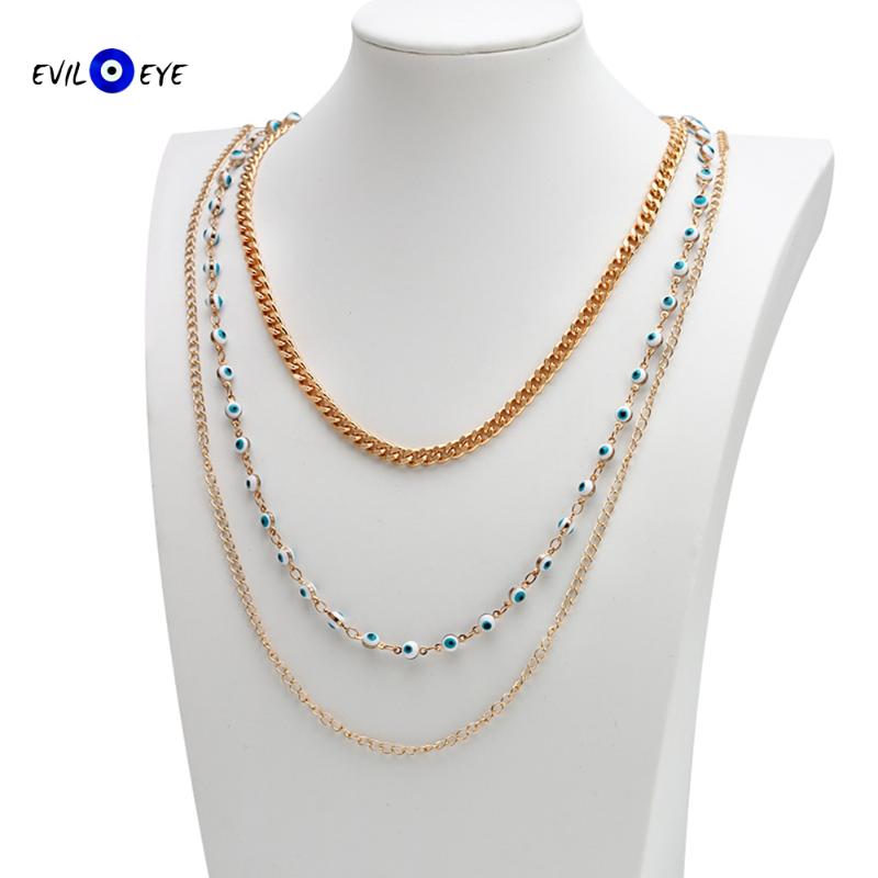 

Chains EVIL EYE 3 Layer Turkish Necklace Copper Gold Color Long Chain For Women Girls Men Fashion Jewelry B237, Silver