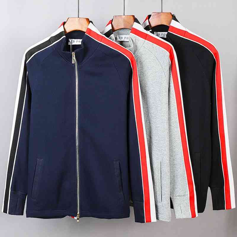 

TB fog double side webbing stitching striped cotton zipper sports cardigan sweater jacket trendy men, Webbing jacket on both sides gray