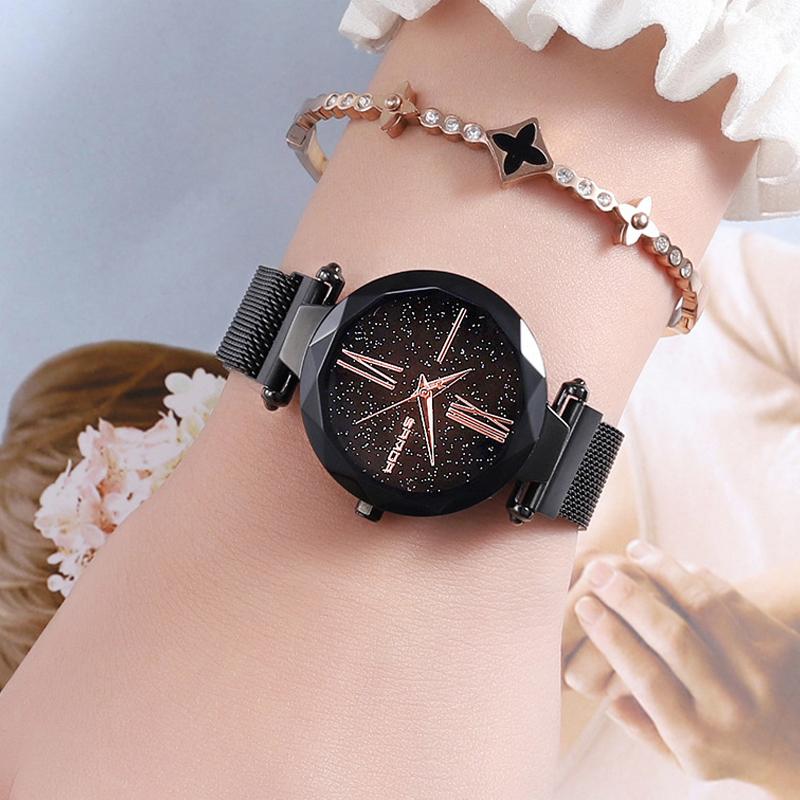 

Wristwatches 2021 Roman Numerals Luxury Women Watches Rose Gold Bracelet Quartz Ladies Watch Creative Starry Sky Wristwatch Clock Reloj Muje, Blue