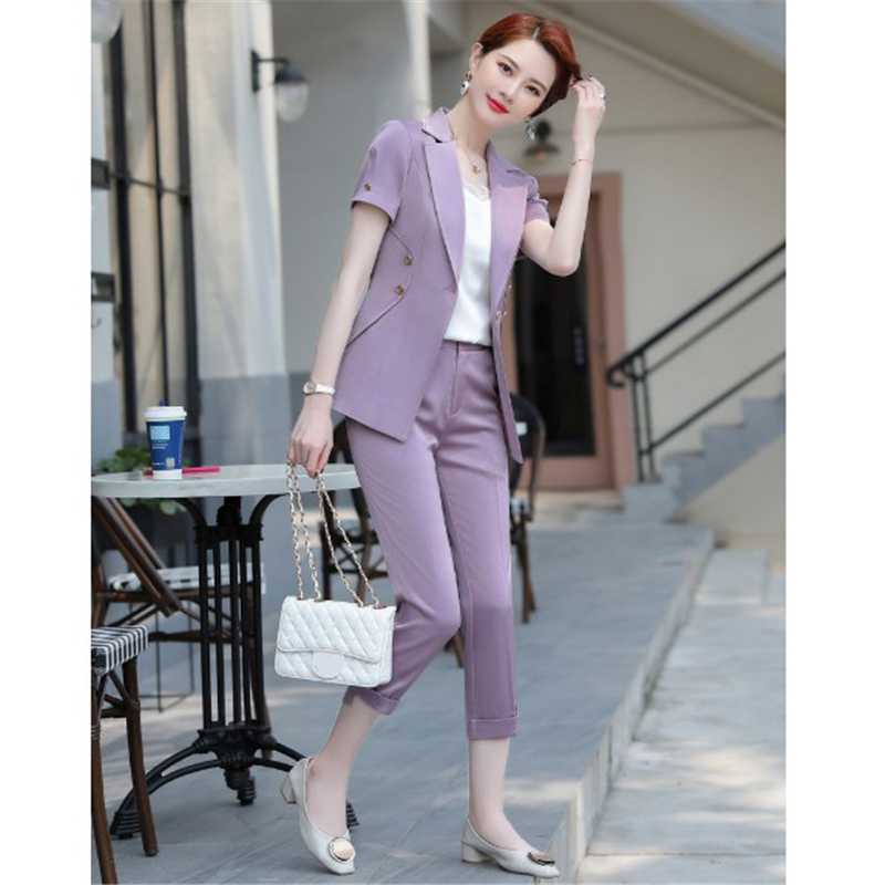 

Women' Suits & Blazers Purple Women Office Sets Plus Size 4XL 5XL Short Sleeve Blazer Female 2021 Elegant Cropped Trousers 2 Piece Set RM50