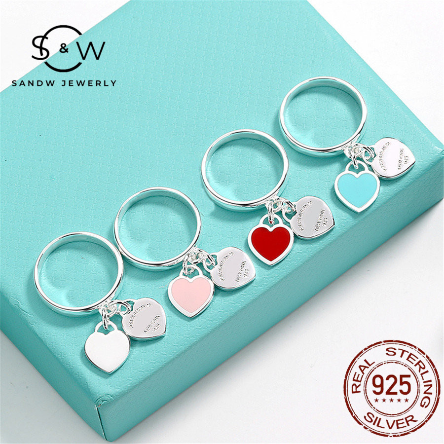 

SANDW S925 sterling silver ring with double heart shape enamel jewelry charm original sweet and lovely engagement gift for girlfriend