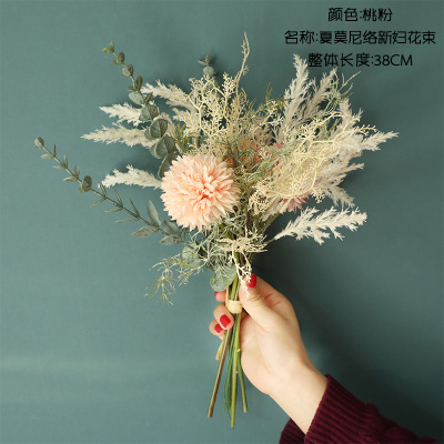 

1Bouquet pampas grass Artificia eucayptus eaves Rose Fowers Sik Fake fores Wedding Fower DIY Home Garden Party Decoration, Pink
