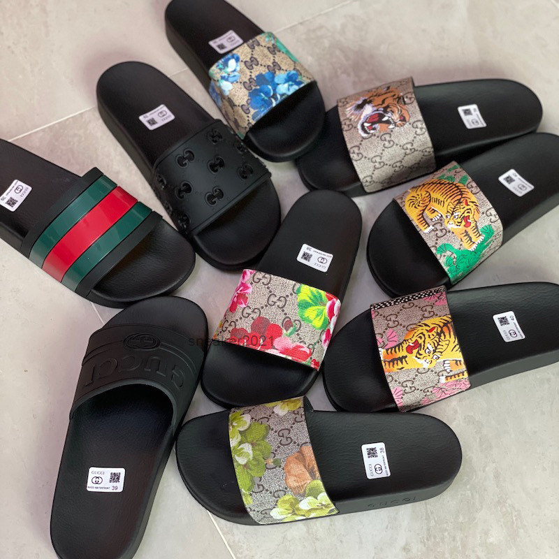 

Designer Rubber slide sandal Floral brocade men slipper Gear bottoms Flip Flops women striped Beach causal with Box US5-11, Color 1