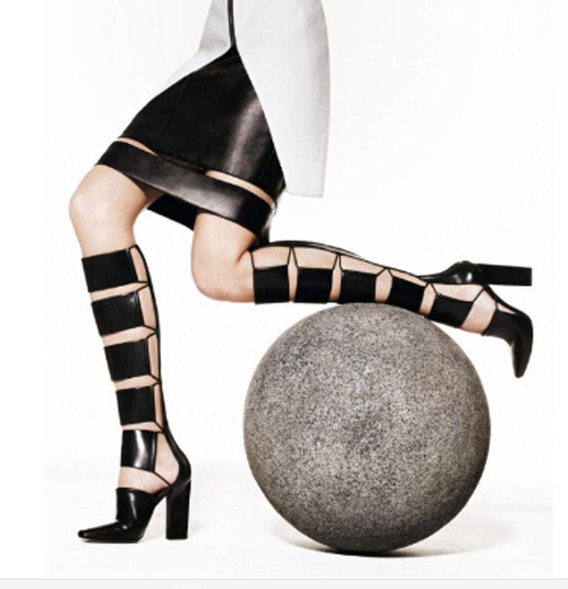 

Boots Fashion Black And White Leather Square Heel Cross-tied Summer Woman Pointed Toe Cut-outs Knee High