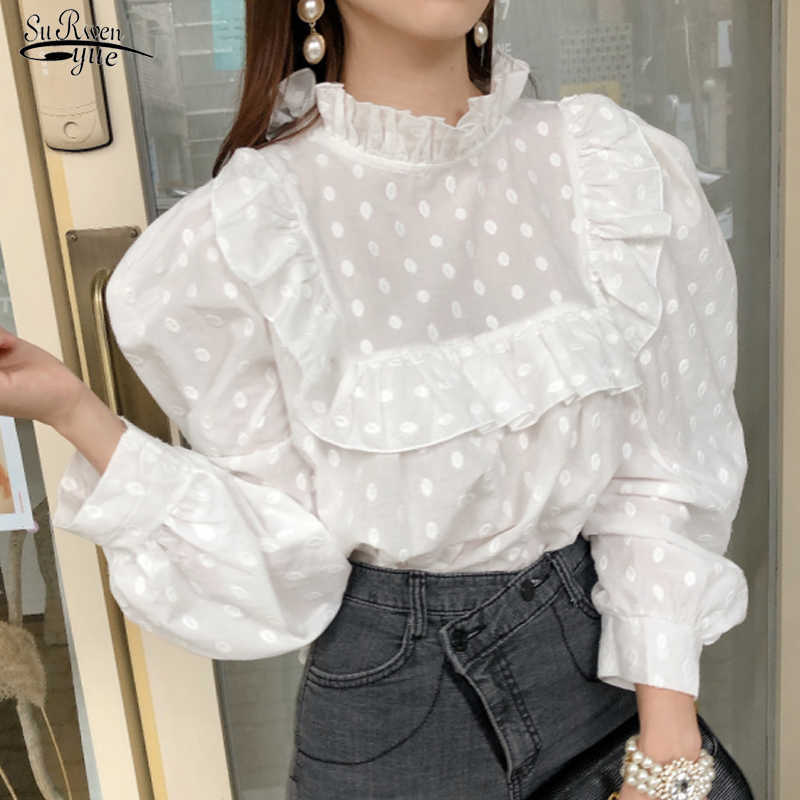 

Blusas Spring White Blouse Women Sweet Ruffle Tops Stand-up Collar Puff Sleeve Stitch Polka Dot Embroidery Shirt 12720 210527