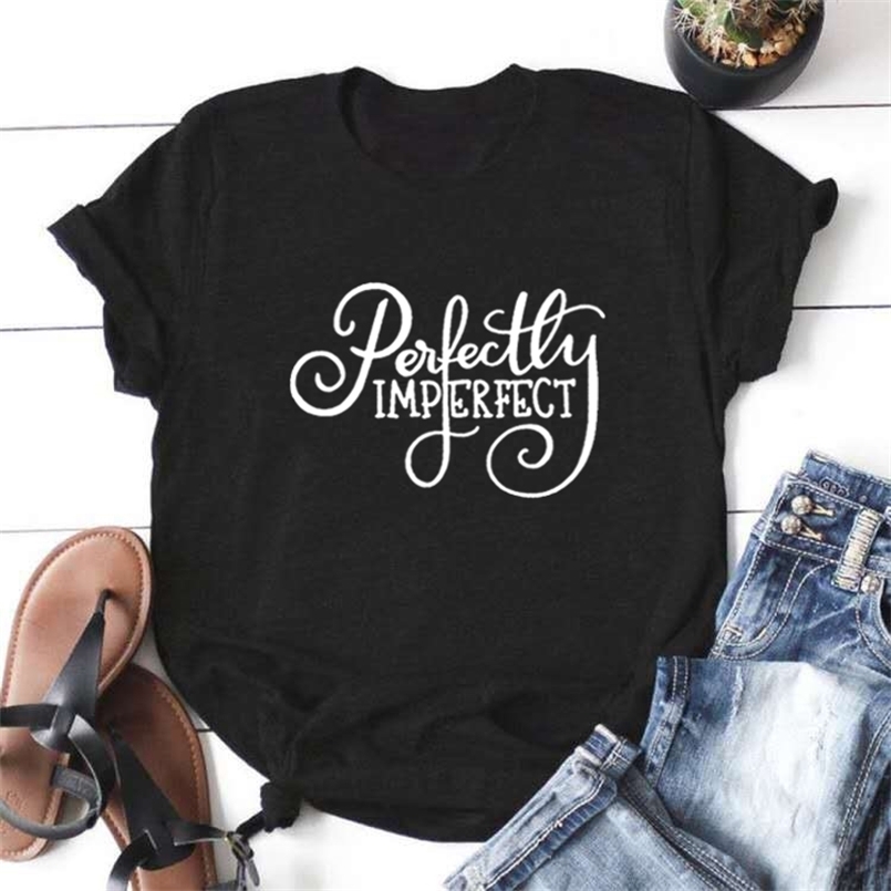 

Perfectly Imperfect Printed Short Sleeve Cotton Tshirt Women Top O-neck Funny T Shirt Casual Roupas Feminina Black & White 210708, Sollid
