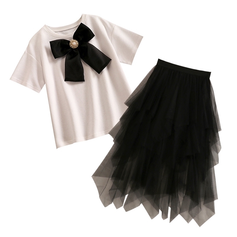 

Chic Sweet Bow Beaded Blouse Tops With Black Mesh Skirt 2 Piece set Women Summer Tshirt Long Maxi Casual Outfits Female 210602, Only black tshirt