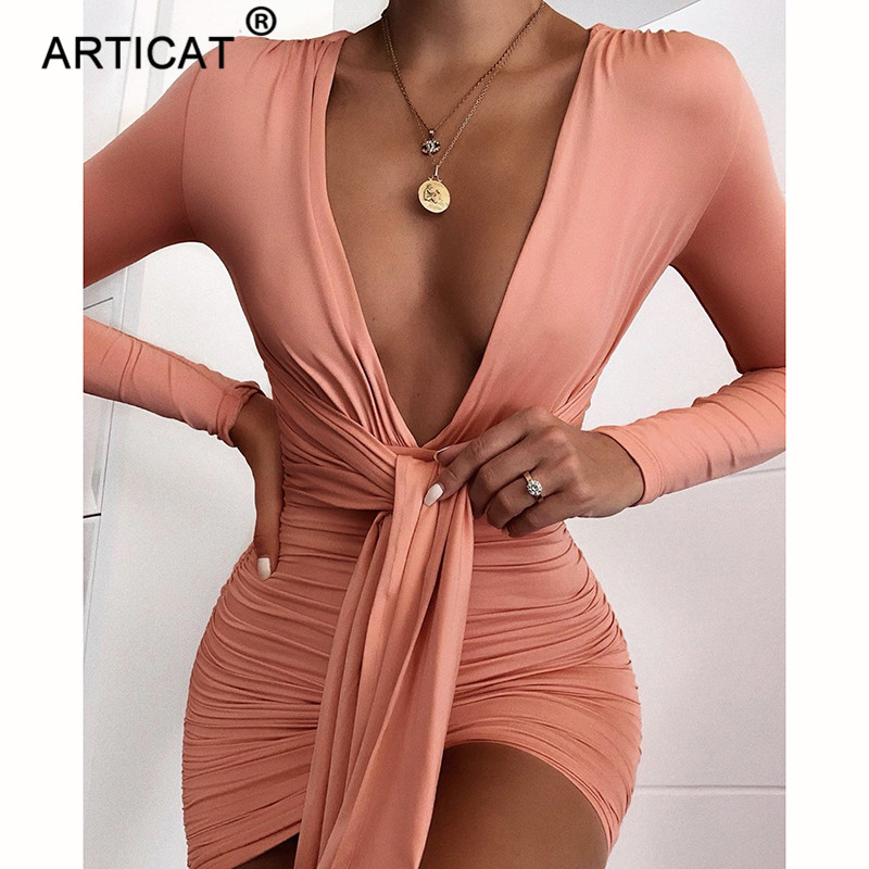 

elegant deep v-neck autumn dress women 2021 long sleeve pleated bodycon party dress short casual dress vestidoshigh quality, Black;gray