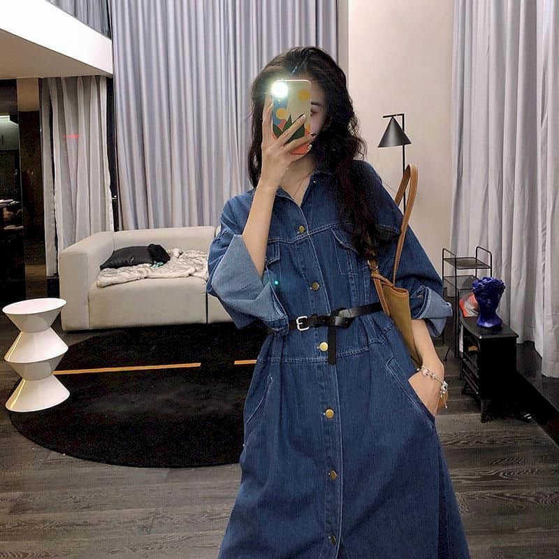 

Women clothes denim dress French waist thin temperament Hyuna style female autumn winter skirt fairy skirts 210526, Blue