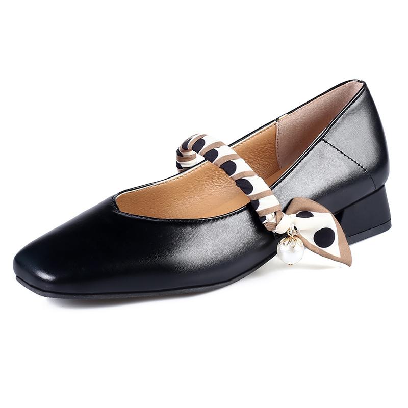

Dress Shoes Thick Heels Women's Pumps Chaussure Femme Sweet Pearl Microfiber Leather Calzado Mary Janes Fashion Office Lady Footwear, Beige