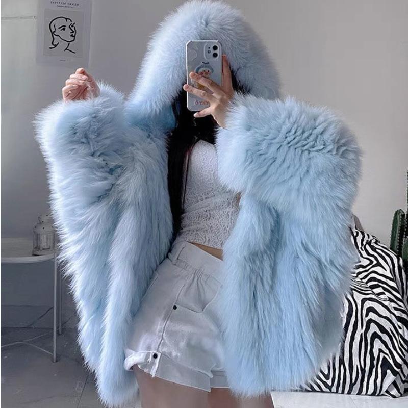 

Women's Fur & Faux Luxury Rex Bomber Jacket Women Winter Warm Grass Coat Hooded Fluffy Cardigan With Collar Hat Furry Tops, Black