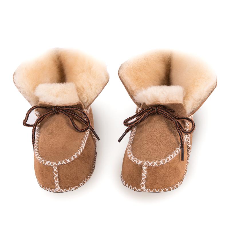 

First Walkers Warm Winter Genuine Leather Wool Fur Baby Boy Boots Toddler Girls Soft Moccasins Shoes With Plush Sheepskin Infant Booties, Coffee