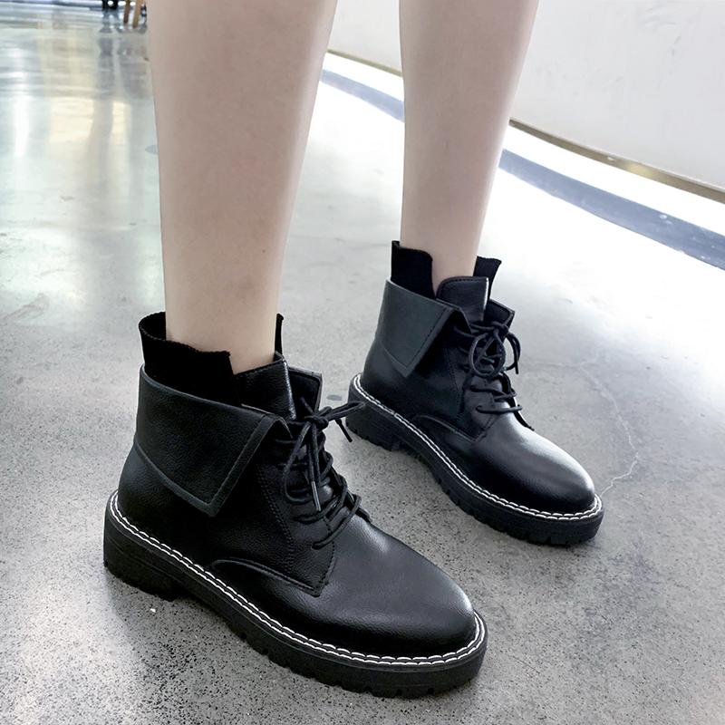 

Plus Size Solid Black Leather Boots Flock Ankle Women Shoes Woman Lace Up Autumn Winter Sewing Platform Ladies