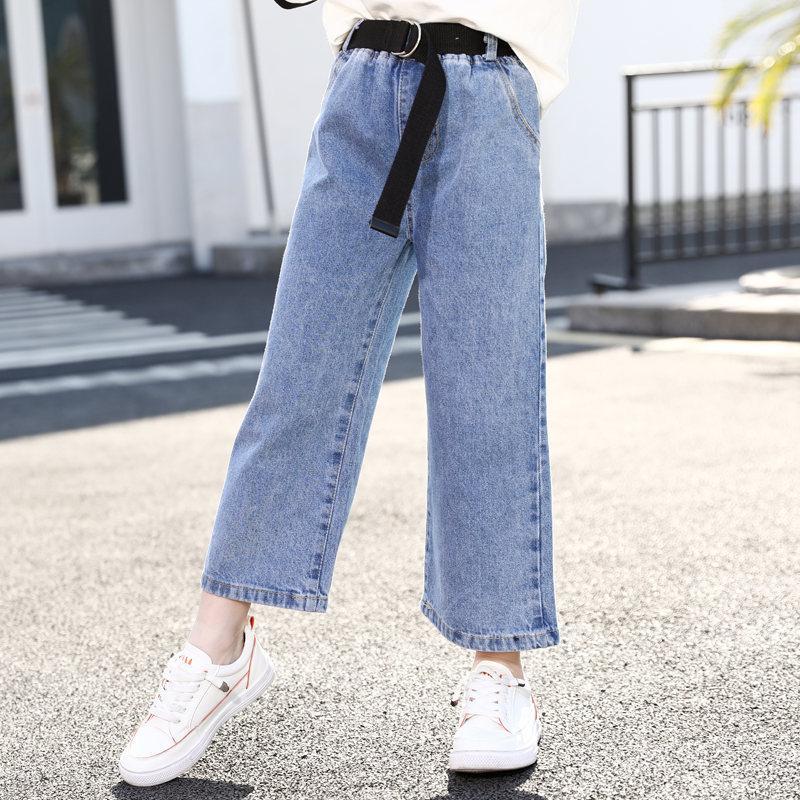 

Jeans Wide Leg Pants Clothes For Girls High Waist Spring Autumn Korea Loose Running Denim Trousers With Belt 4-13 Year, Blue