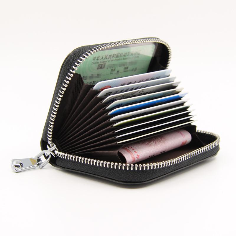 

Card Holders Genuine Leather Holder Wallet Women Men Zipper Solide RFID Anti-Theft Coin Purse Luxury Design Small Business Credit Bag, Black
