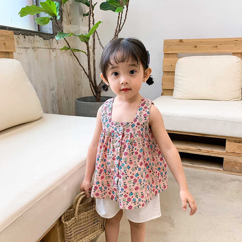 

Summer cute baby girls floral sleeveless vest T-shirts 1-6 years kids cotton thin suspenders Tee Tops 210615, Pink