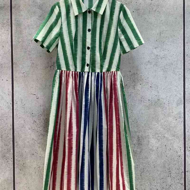 

Truevoker Summer Runway Fashion 100% Cotton Holiday Dress Lady Multi Color Strip Print Belted Vestido 210602