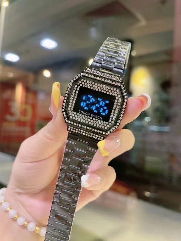 

Brand TOUCH Watches Women Girl Crystal Blue LED Digital Display Style Steel Band Wrist Watch GA55, Black
