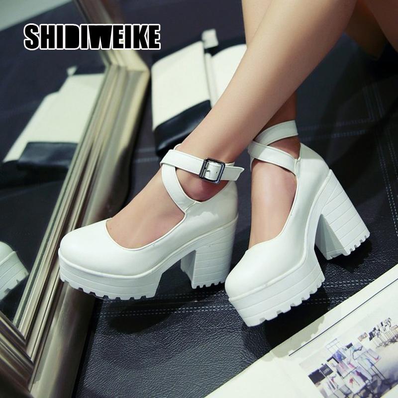 

Autumn Vintage Womens Chunky Block High Heel Platform Ankle Strap Buckle Pumps Punk Shoes Plus Size Black White Vb071 Dress