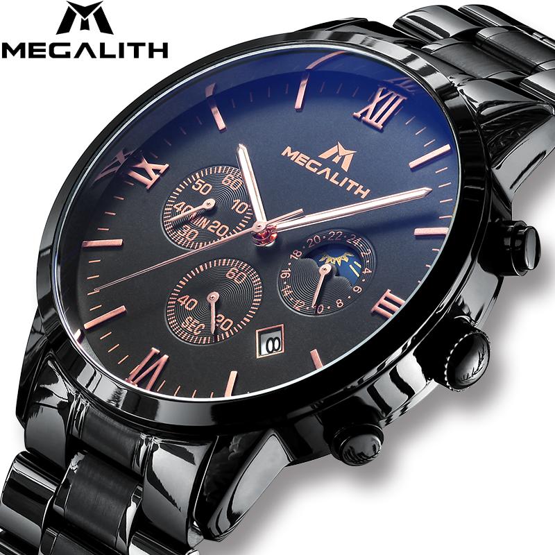 

Wristwatches MEGALITH Men's Fashion Watches Sports Chronograph Date Calendar Waterproof Stainless Steel Strap Wristwatch, Steel black 8026