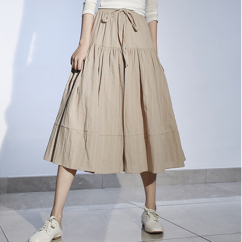 

Skirts Summer Women Cotton High Waist Lace-up A-line Casual Elegant Sweet Jupe Femme Saias Mujer 77JN, Beige