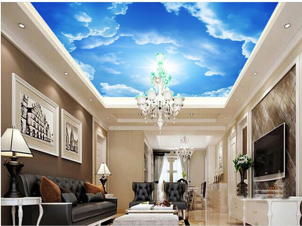 

Custom 3d stereoscopic wallpaper Blue sky white clouds sun living room ceiling mural