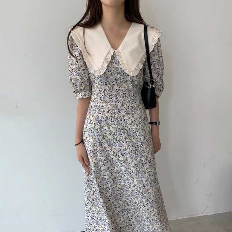 

Women Summer Elegant Floral Dress Korea Fashion Peter Pan Collar A-line Casual Sashes Sundress 210526, Photo color