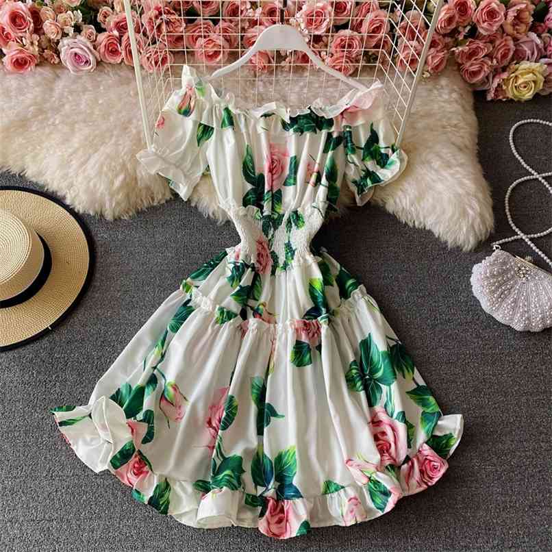 

Sweet Fungus Slash Neck Strapless Short-sleeved Elastic Waist Rose Printed Mini Dress Women Summer Beach Holiday Vestidso 210602, White