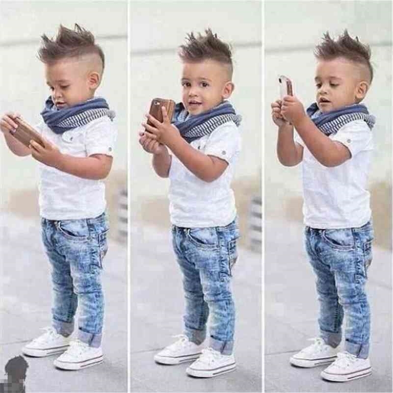 

2-7 Years Kids Clothes Boys Outfit Summer Children's Clothing Boy Sets Cotton Short Sleeve O-Neck Tops+Jeans+Scarf Baby Costume 210326, Beige