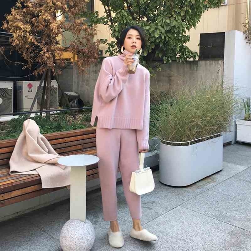 

Autumn Winter Knitted Female Sweater Pant Suit For Women 2 Piece Set Pullover Turtleneck Loose Jumper and Pants 210525, Khaki