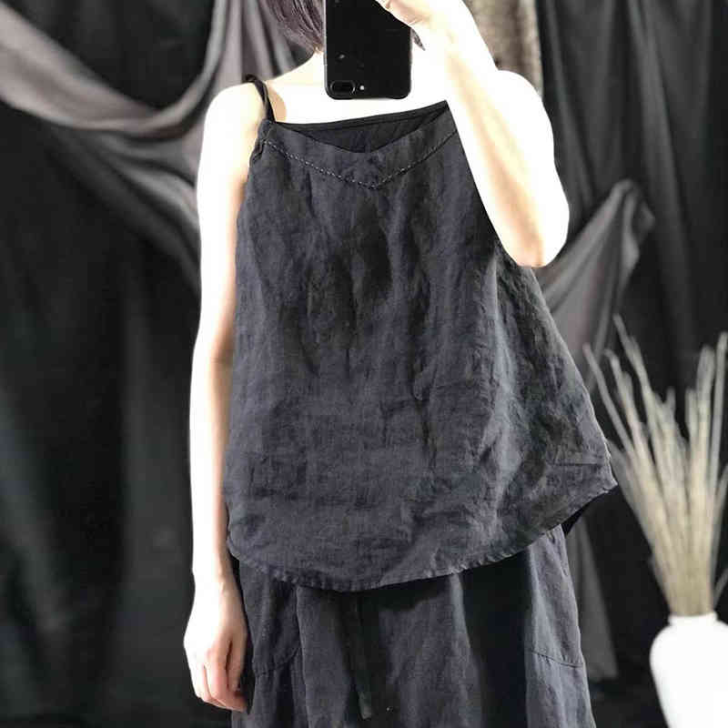 

Johnature Summer Clothes Linen Vintage Solid Color V-Neck Retro Comfortable Tops 2 Colors Women Slings 210521, Black