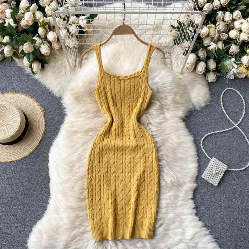 

Twist Knitted Dress Women's Summer Solid Color Spaghetti Strap Sleeveless Skinny Sexy Club Party Bodycon 210603, White