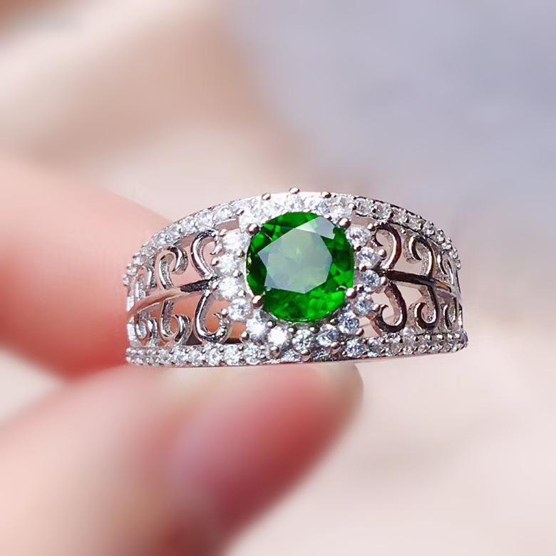 

Cluster Rings Per Jewelry Natural Real Diopside Round Style Ring 6*6mm 1ct Gemstone 925 Sterling Silver For Men Or Women Q20582, Golden;silver