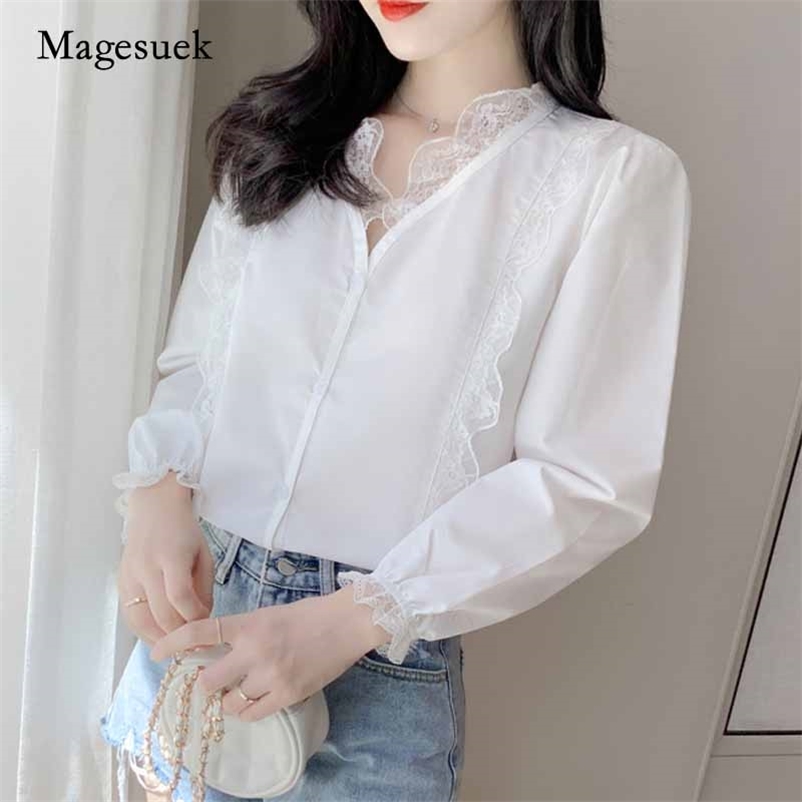 

Lace Shirt Women Long Sleeve Autumn Single-Breasted Fashion Top White V-neck Woman' BlousesFeminine blusas 10845 210518
