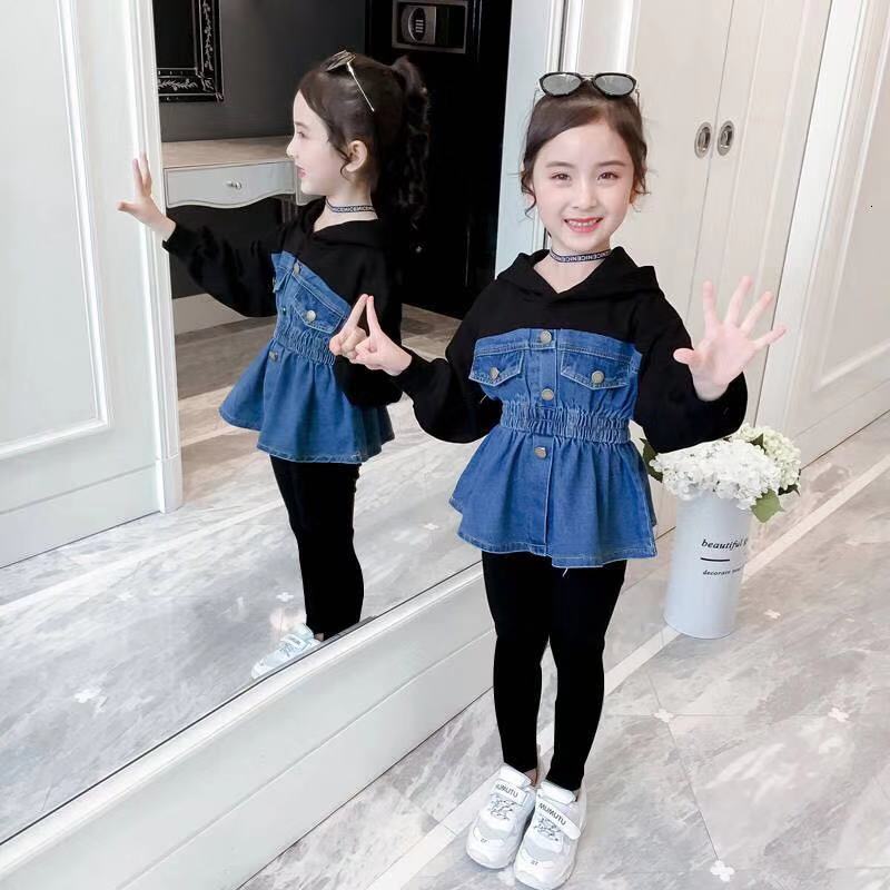 

Children's suit Teen Girls Denim Jacket+pants Set Kid Fashion Jeans Coat Fall Children Hoodie Clothes Patchwork Girl Outerwear Clothing 4-12, Black set