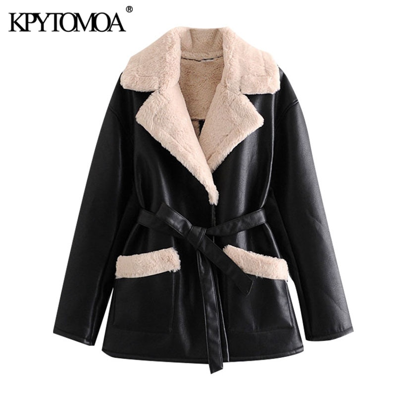 

KPYTOMOA Women 2021 Fashion With Fur Faux Leather Thick Warm Jacket Coat Vintage Long Sleeve Tied Belt Female Outerwear Chic Top, As picture