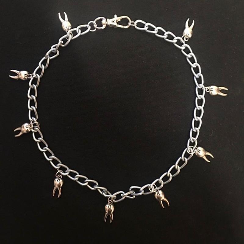 

Chokers Antique Silver Color Tooth Pendant Necklace Goth Choker Handmade