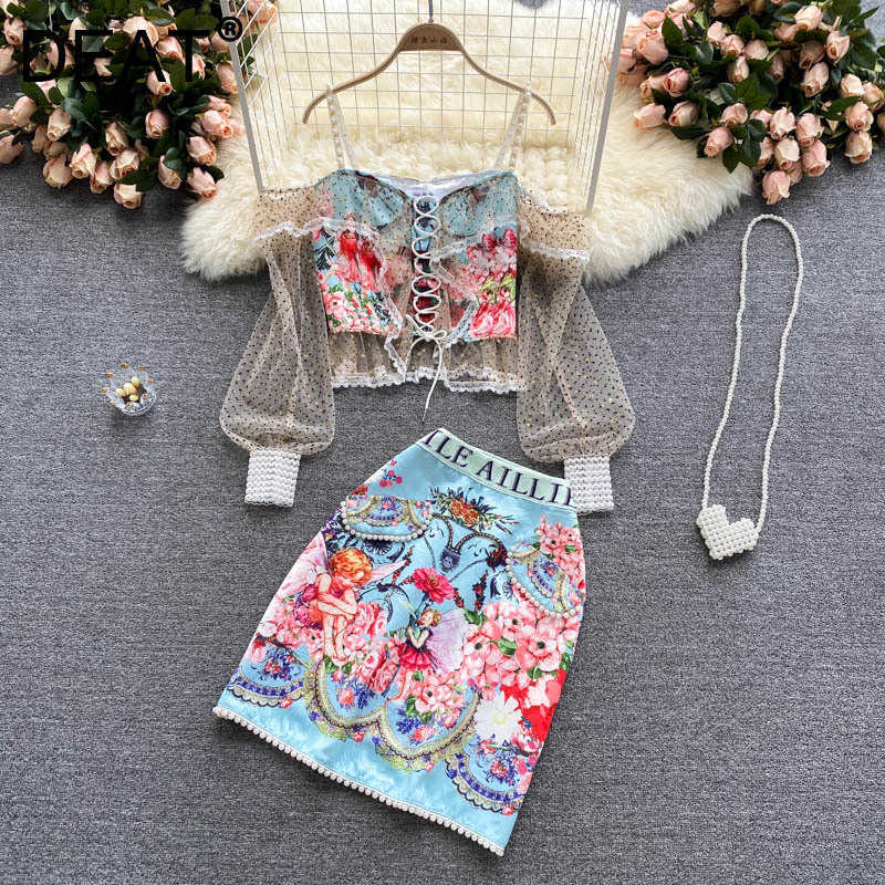 

DEAT Women Perspective Printing Sling Top Skirt Short Two Piece Set Fashion Temperament Spring Summer 11D1559 210709, Color