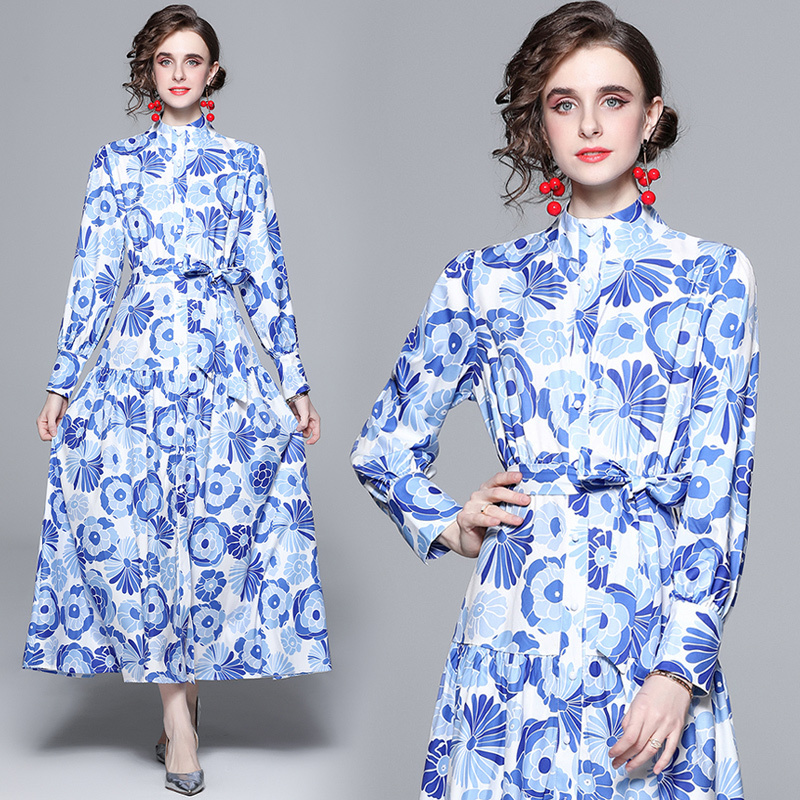 

Wholesale New Summer Fall Ethnic style Blue Print Stand Neck Long Sleeve Single-breasted Women Party Fashion Demure Elegant Temperament Simple Belt Bow Tunic Dress, Xcby5928